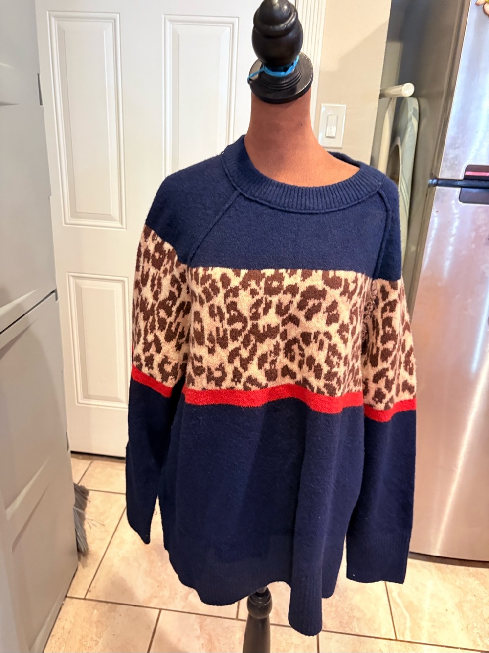 aerie Navy Crewneck Sweater with Leopard Stripe and Red Accent